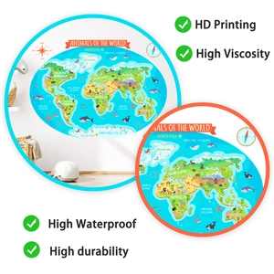 Detail of high-definition animal world map wall sticker with waterproof printing and high viscosity