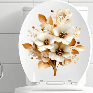Waterproof self-adhesive toilet lid sticker with luxury white and gold floral design
