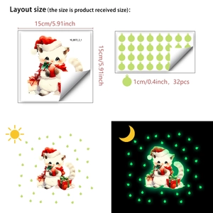 Luminous Christmas cat wall sticker showing glow-in-the-dark effect and dimensions