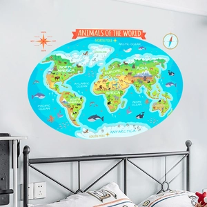 Educational world map wall decal with animals for kids bedroom and playroom decor