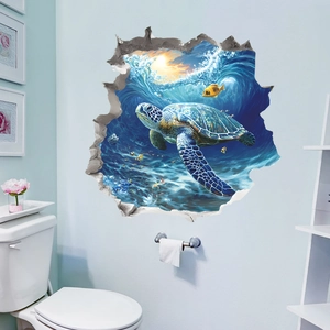 3D ocean wall decal detail showing a realistic sea turtle swimming through a broken wall gap