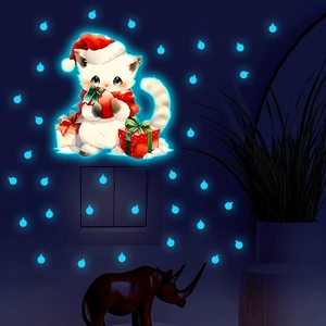 Luminous Christmas cat wall sticker with glowing dots for light switch home decoration