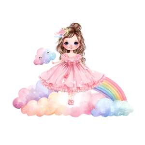 Cartoon girl on rainbow cloud wall sticker for kids room nursery wall decor
