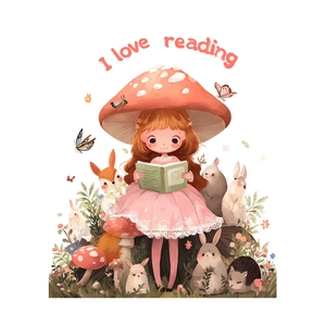 Cartoon girl and forest animals wall sticker with I love reading quote for kids room