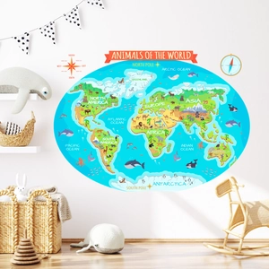 Detail of world map wall sticker with colorful animals for children nursery decoration
