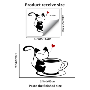 Creative cartoon black cat and heart coffee cup wall sticker, size 14.5x12.2 cm