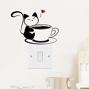 Cute Cartoon Cat Coffee Cup PVC Wall Sticker Removable DIY Switch Decor Red Heart Pattern Home Kitchen Wall Decal