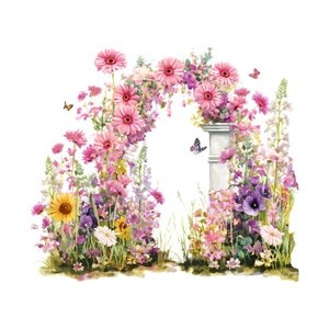 Vibrant floral butterfly wall decal with pink gerberas and sunflowers for home decor