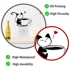 Detail of waterproof cartoon cat and coffee cup wall sticker with heart for home decor