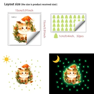 Detailed sizing layout for luminous Christmas cat and tree wall stickers in dark and light