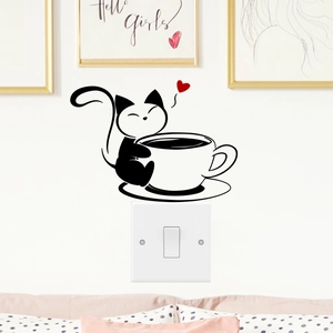 Creative cartoon cat and coffee heart wall sticker for cozy home bedroom decor