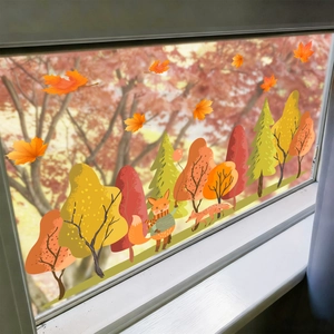 Autumn static window clings set with cartoon fox, maple leaves and trees for home glass decor