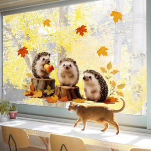 Autumn hedgehog and maple leaf static window clings for Thanksgiving home glass decoration