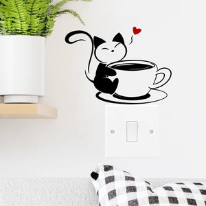 Minimalist black cat holding coffee cup wall sticker with red heart for home decor