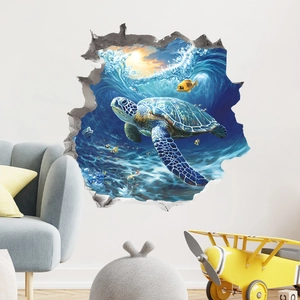 3D sea turtle wall sticker with broken wall effect featuring ocean waves and sunset
