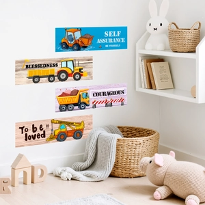 Adesivi murali veicoli da cantiere con escavatore e gru per decorazione cameretta dei bambini