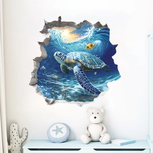 3D sea turtle wall decal showing a broken wall effect in a cozy children's bedroom decor