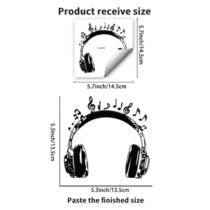 Creative headphone and musical notes PVC wall sticker with detailed size specifications