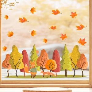 Autumn static window clings featuring cartoon foxes, maple leaves and forest trees decals