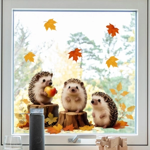 Fall window clings featuring cute cartoon hedgehogs and maple leaves for autumn decor