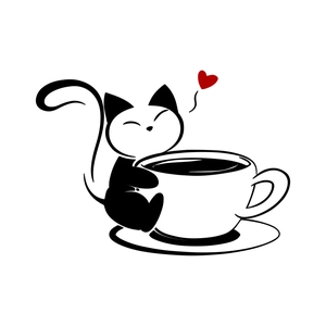 Minimalist cat and coffee cup wall sticker with red heart for living room decor