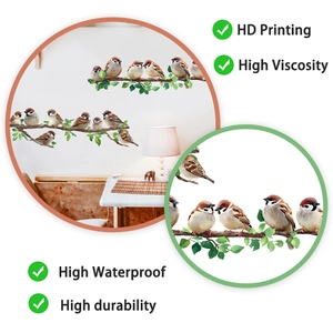 Détail du sticker mural moineau aquarelle montrant l'impression HD et l'oiseau sur branche