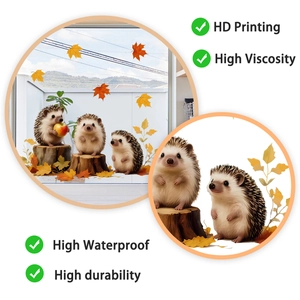HD printed hedgehog autumn window stickers with maple leaves and waterproof static cling