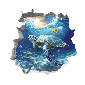 3D sea turtle wall sticker with underwater world scene breaking through the wall decal