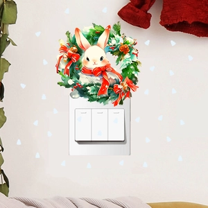 Detailed wall sticker featuring a cute white rabbit in a festive Christmas wreath on a switch