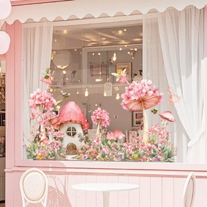 Floral mushroom house window static stickers with forest fairies for glass decoration
