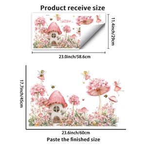 Pink mushroom house and fairy glass decals for window decoration with floral patterns