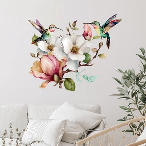 Stickers muraux aquarelle avec colibris et fleurs de magnolia pour salon moderne