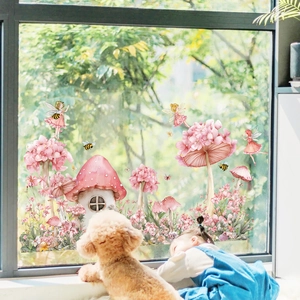 Double-sided floral mushroom house window stickers with fairy girl and bee designs