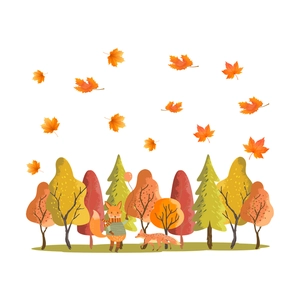 Cartoon forest fox and maple leaf static window stickers with double-sided visual design