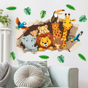 3D Broken Wall Jungle Animals Wall Stickers Lion Elephant Giraffe Cartoon Forest Decals For Kids Room Bedroom Home Decor