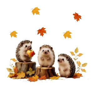Autumn hedgehogs window stickers with maple leaves and apples for Thanksgiving decor
