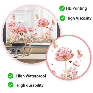 Detail showing HD printing of mushroom fairy and floral patterns on static window film