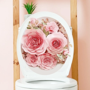 Adesivo per Inodoro Rosa 3D Impermeabile Autoadesivo Bagno Decalcomania da Muro Moderno Floreale PVC Decorazione Casa Arte