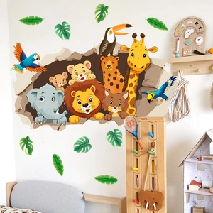 3D hole effect wall stickers featuring jungle animals like elephants and lions for nursery décor