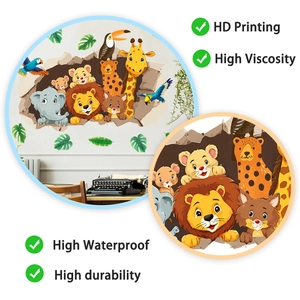 Detail of 3D jungle animal wall sticker showing lion and giraffe with HD printing quality