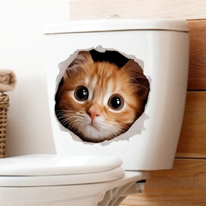 3D cute orange cat bursting through wall sticker for bathroom and home decor