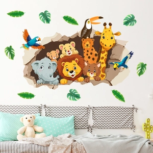 Detail of 3D cracked wall effect wall decals featuring cartoon jungle animals for kid rooms