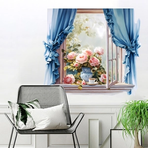 3D false window wall sticker with blue curtains, pink roses and coffee cup set scene