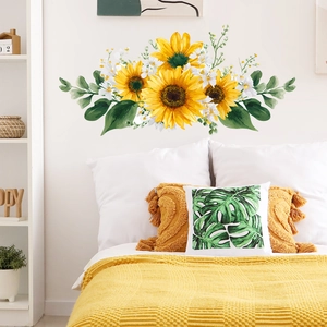Sunflower wall decals with yellow blossoms and green leaves for living room home decor