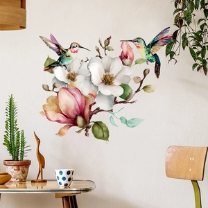Sticker Mural Colibri Et Fleur De Magnolia Aquarelle PVC Imperméable Autocollant Décalcomanie Pour Salon Chambre