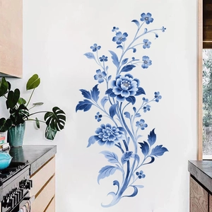 Blue peony floral wall sticker in vintage porcelain style for living room and kitchen decor