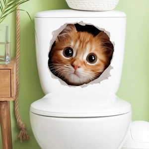 Detailed 3D cat wall sticker showing a cute orange kitten peeking from a broken toilet tank