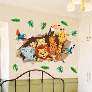 Detailed 3D cartoon animal wall stickers with lion and elephant for kids bedroom decor