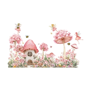 Fairy garden mushroom house window decals with flower clusters and flying elves stickers