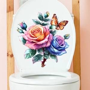 Floral toilet lid decal featuring realistic pink and blue roses with a colorful butterfly